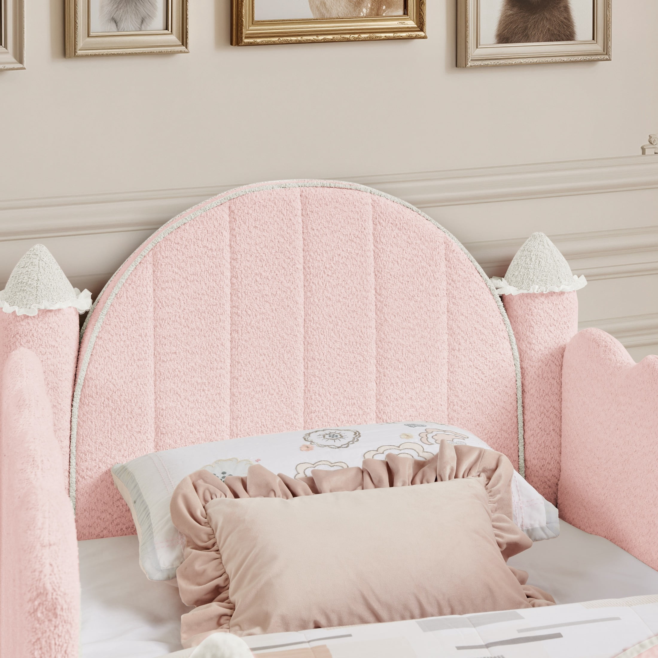 GDF Studio Solley Twin Size Castle Bed with Safety Guardrails, Curtain & Wood Frame, Boucle Upholstered Bed, Pink
