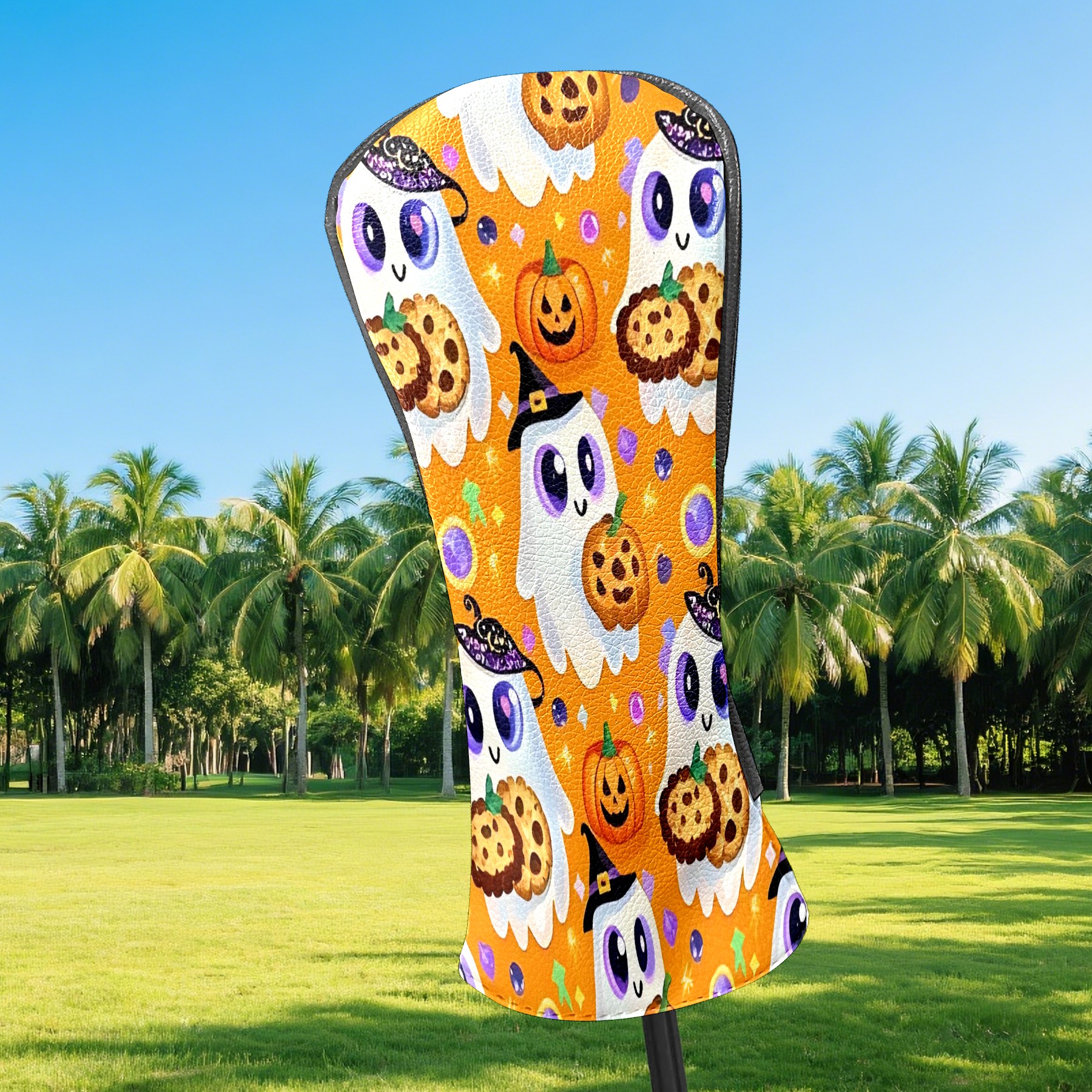 Golf Club Covers, Orange GhostCookie Premium PU Leather Driver Hybrid Putter Head Covers with Velvet Lining, Waterproof Golf Gifts for Men Women
