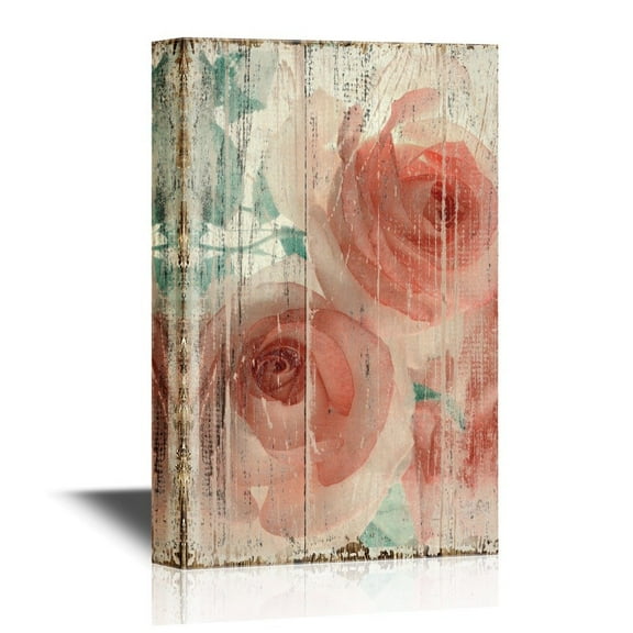 wall26 - Roses Canvas Wall Art - Pink Roses on Vintage Wood Background - Gallery Wrap Modern Home Art | Ready to Hang - 16x24 inches
