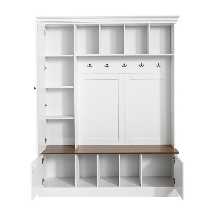 Farmhouse Hall Tree with Open Compartments, Entryway Coat Rack with 5 Hooks and Adjustable Shelf Cabinet, Entryway Bench for Hallway, Entryway, Living Room