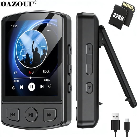 OAZOUF 32GB Bluetooth MP3 Player with Built-in Speaker & Clip, HiFi MP4 Music Player with FM Radio, Voice Recorder, Supports Micro SD Card up to 128GB, for Kids & Adults