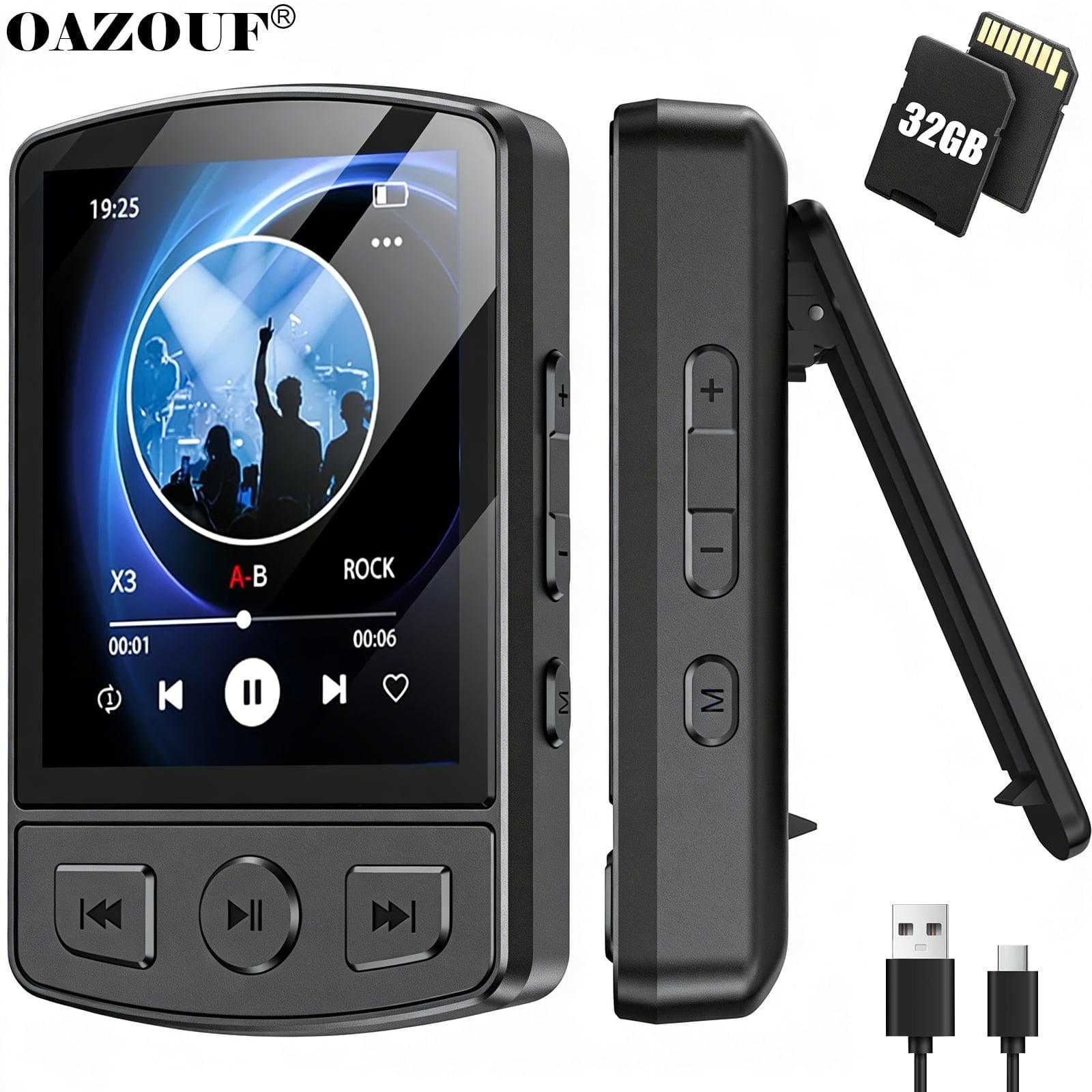 OAZOUF 32GB Bluetooth MP3 Player with Built-in Speaker & Clip, HiFi MP4 Music Player with FM Radio, Voice Recorder, Supports Micro SD Card up to 128GB, for Kids & Adults