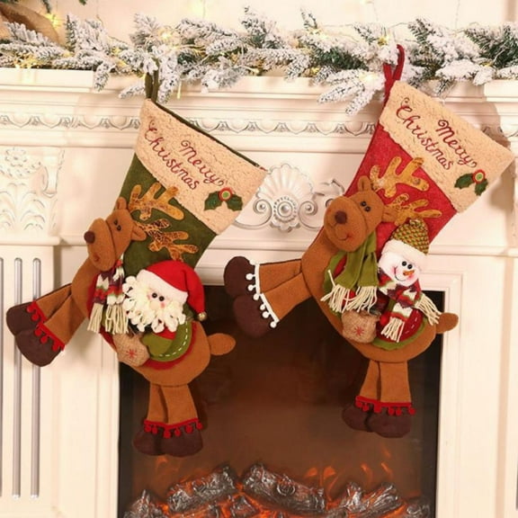 Jlong 2PCS Christmas Stockings 22.4" with 3D Santa Snowman Reindeer Xmas Stockings for Christmas Tree Fireplace Hanging and Party Decor