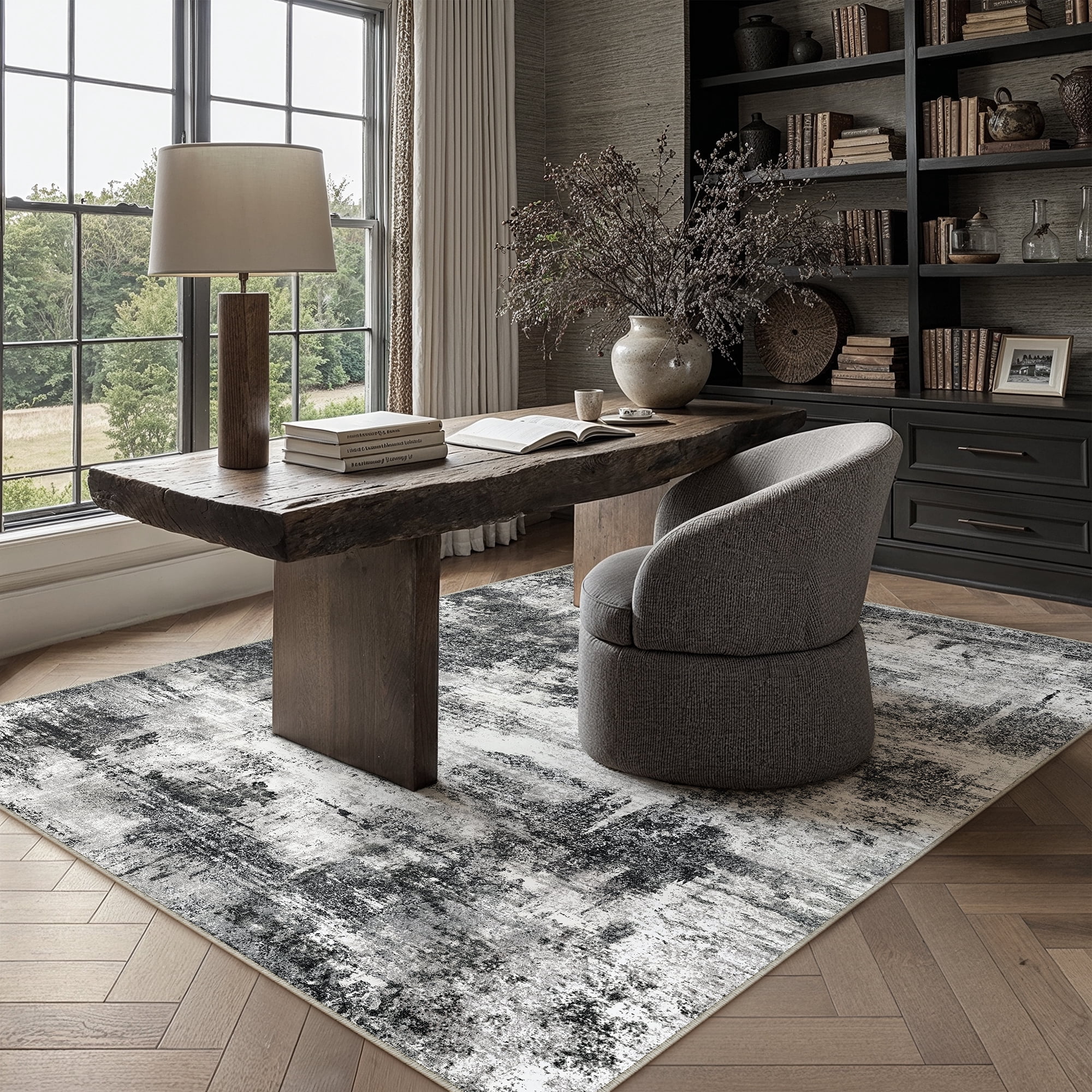 BERTHMEER 9'x12' Large Area Rugs for Living Room Bedroom Office Dining Room Black Neutral Modern Non Slip Washable Abstract Rugs