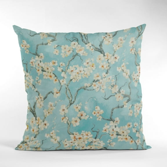 Plutus Azure Garden Cherry Blossoms Printed On A Linen Looking Polyester. Luxury Throw Pillow - Double sided 20" x 30" Queen