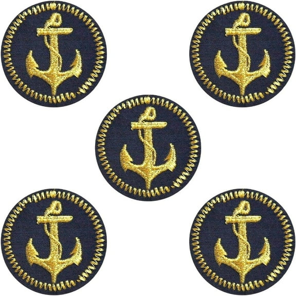 5Pcs Sailor Appliques Iron on Black Round Nautical Embroidered Patch Gold Anchor Sew on Repair Badge Heat adhesive patches