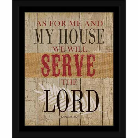 Me and My House Joshua Lord Service Wood Grain Burlap Religious Typography Tan & Red, Framed Canvas Art by Pied Piper