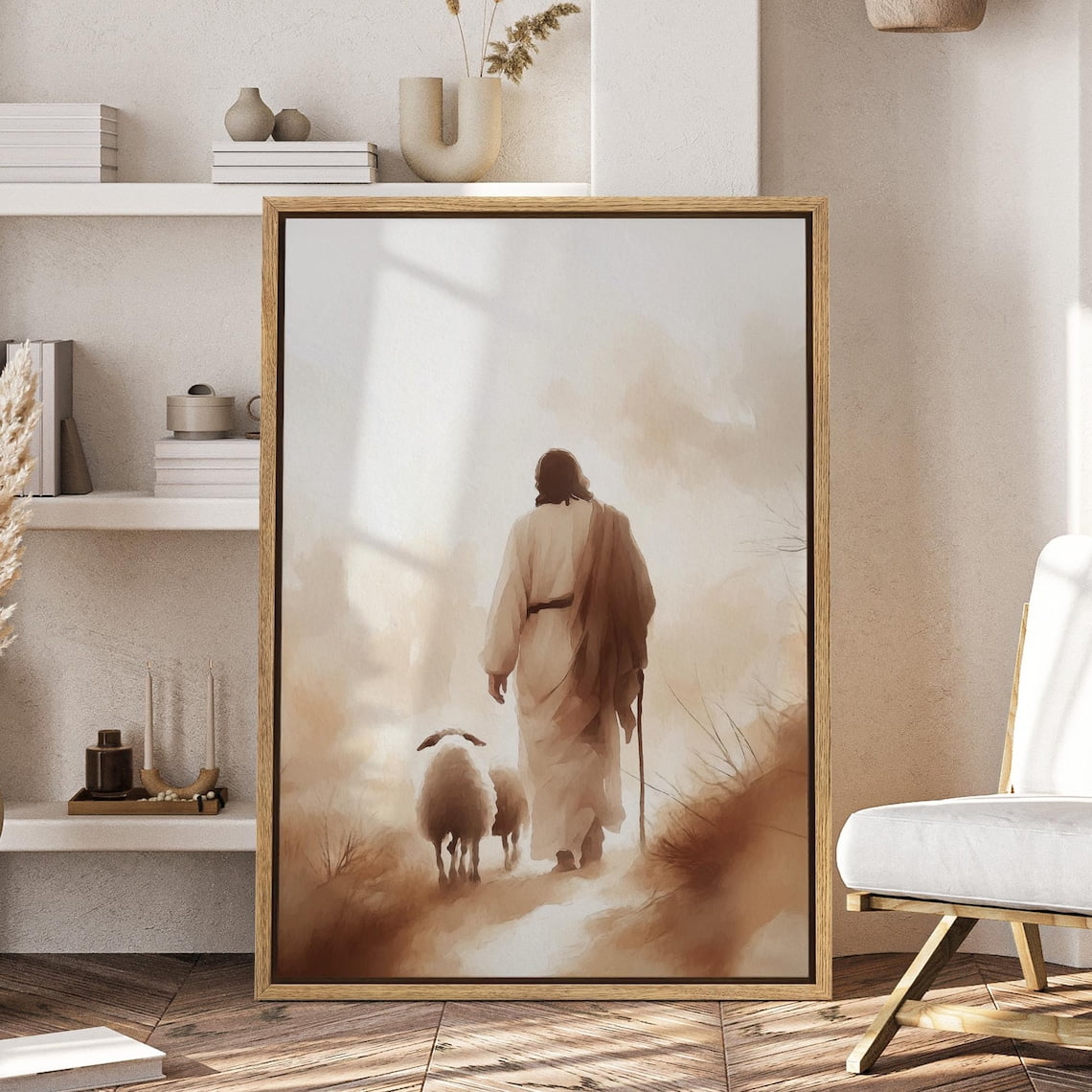 Canvas Jesus & Sheep Wall Art Abstract Serene Landscape Print Inspirational Christian Art In Warm Tone Faith-Based Or Farmhouse Decor