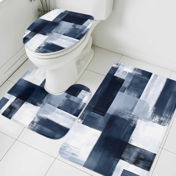 Abstract Blue Bathroom Rugs Set White Graffiti Art Plaid Color Block Modern Non Slip Absorbent Soft Bath Mats 3 Piece Set with Bathroom Rug, U-Shaped Floor Mat, Toilet Seat Cover Large Size