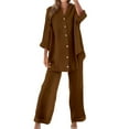 thumbnail image 4 of Prolriy Lounge Sets for Women, Womens Daily Casual Solid Long Sleeve Shirt Tops Pockets Pants Shirt Trousers Set Two Piece Sets for Women Brown XL, 4 of 5