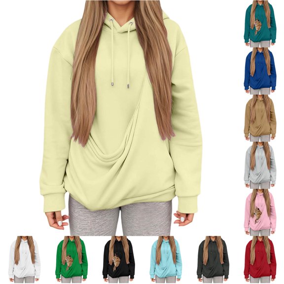 QTSHPN Women Hoodies Winter Hooded Sweatshirt Pocket Pouch Cat Mom Comfort Long Sleeve Pullover Fall Sweatshirts for Women Light Yellow XXL