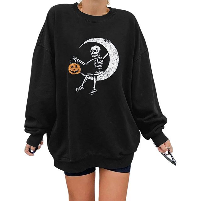 Femmes Halloween Y2K Graphique Col Rond Pull à Manches Longues Casual Drôle Mignon Citrouille Squelette Pulls Tops