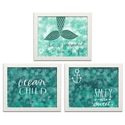 Fun Teal Be A Mermaid in A Sea of Fish, Ocean Child and Salty and Sweet Set; Three 14x11in White Framed Prints