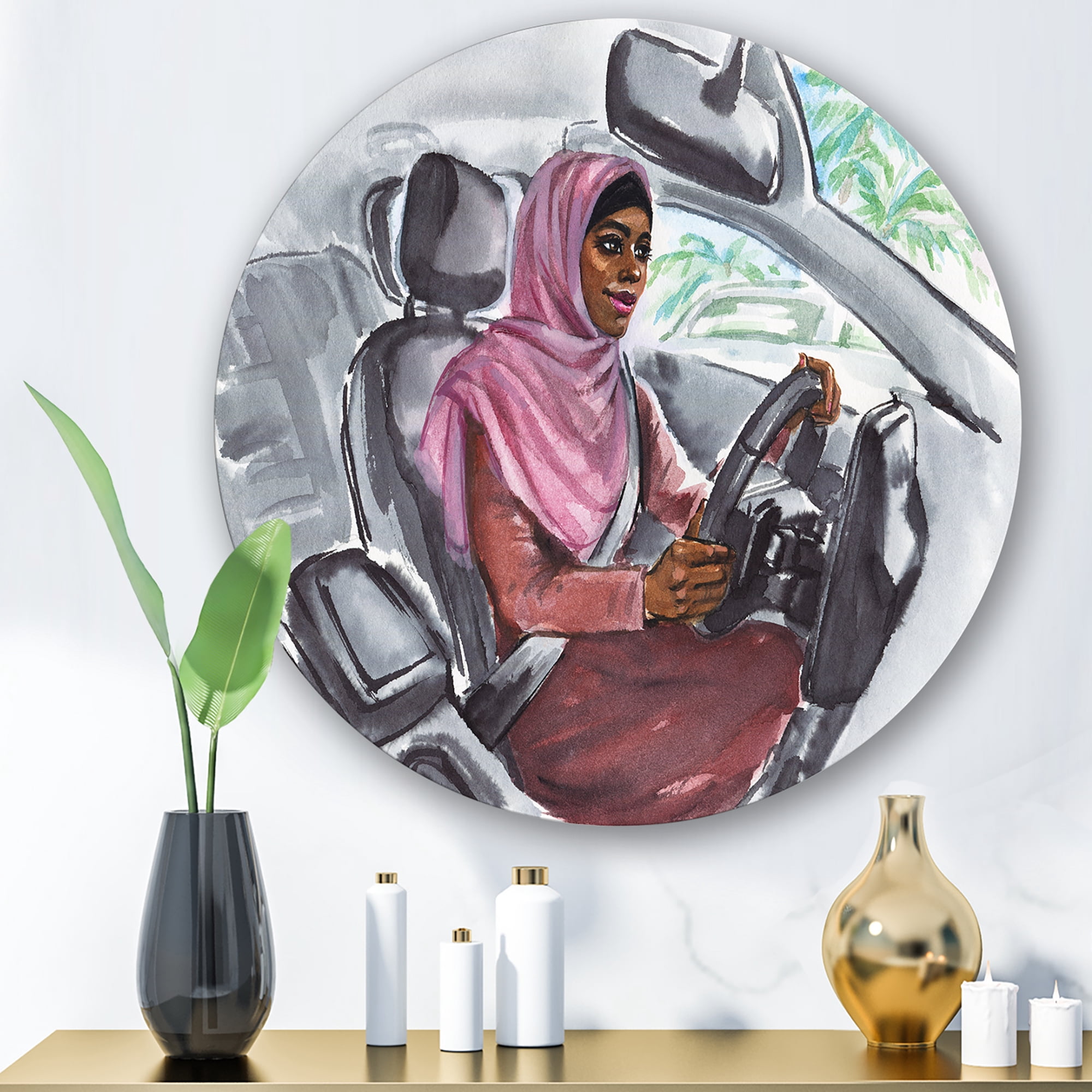 Designart 'Arabian Lady Driving A Car III' Modern Circle Metal Wall Art 23x23 - Disc of 23