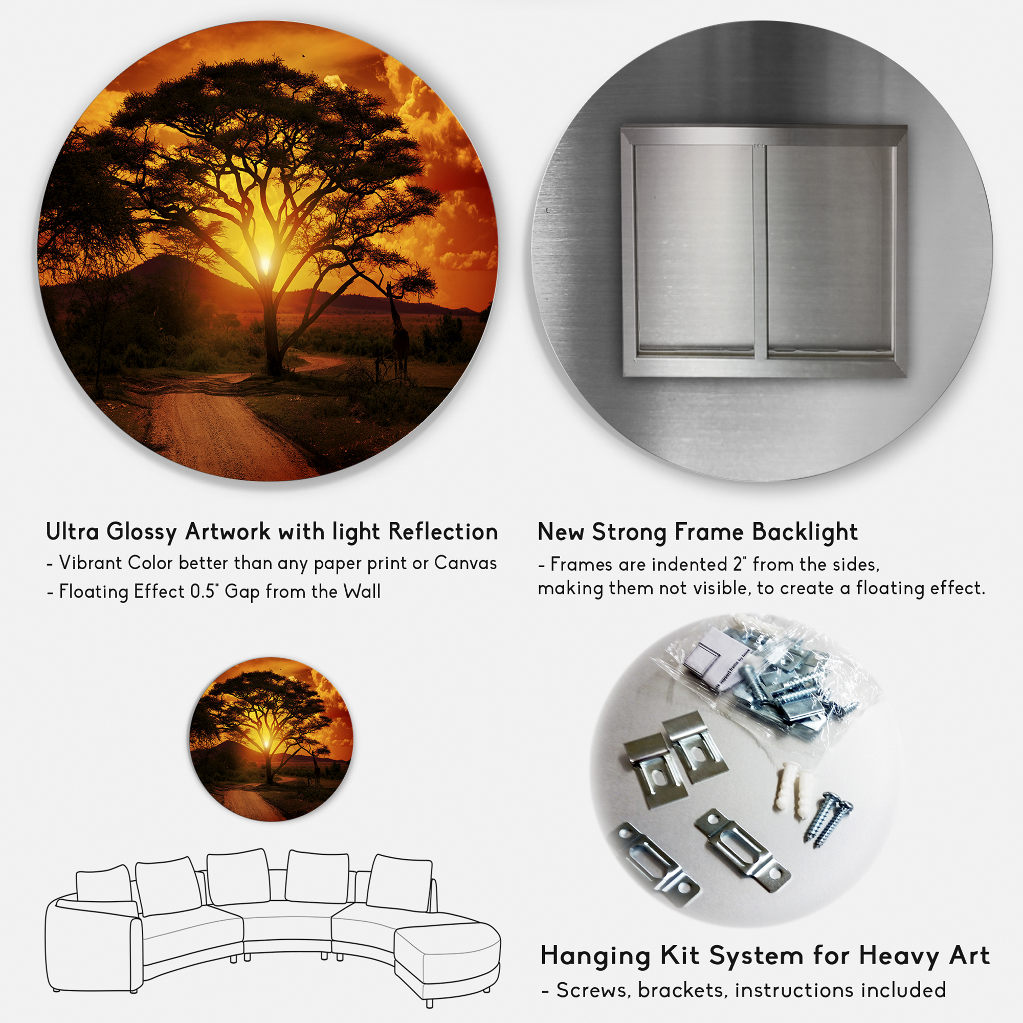 Designart 'African Sunset with Lonely Tree'African Landscape Metal Circle Wall Art