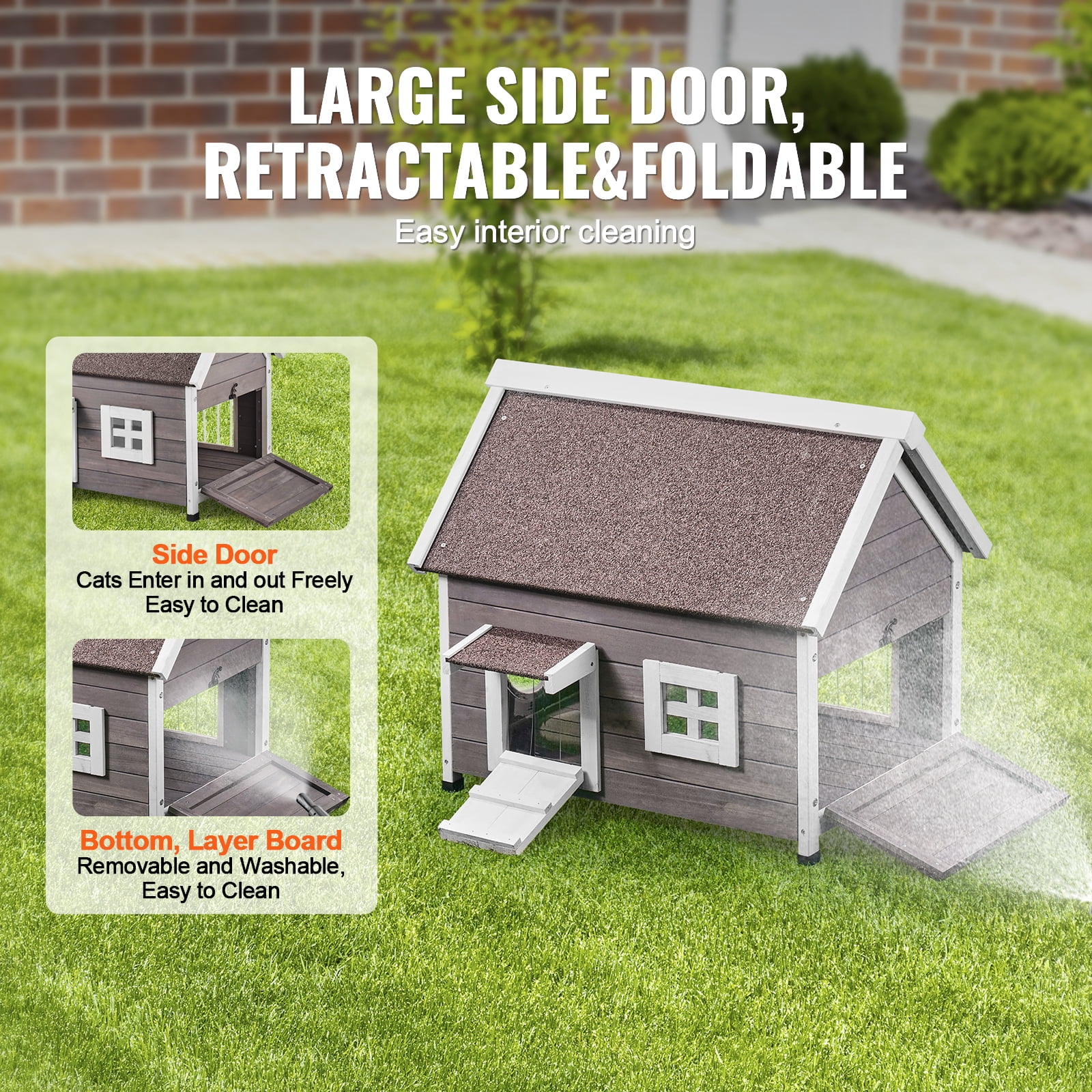 KFFKFF Exterior Feline Abode, Resistant to Weather, Accommodates Numerous Cats, Outdoor Timber Feline Home with Spacious Side Entry, PVC Entry Covers, Unsealed Top and Transparent Pane