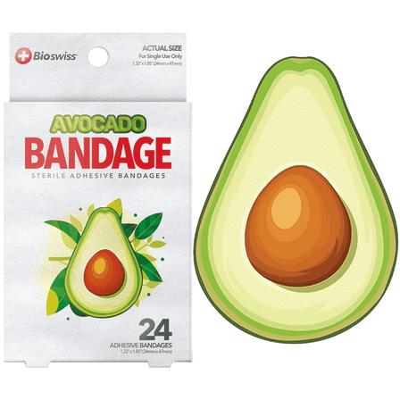 BioSwiss Bandages, Avocado Shaped Self Adhesive Bandages, Latex Free Sterile Wound Care, Fun First Aid Kit Supplies for Kids and Adults, 24 Count