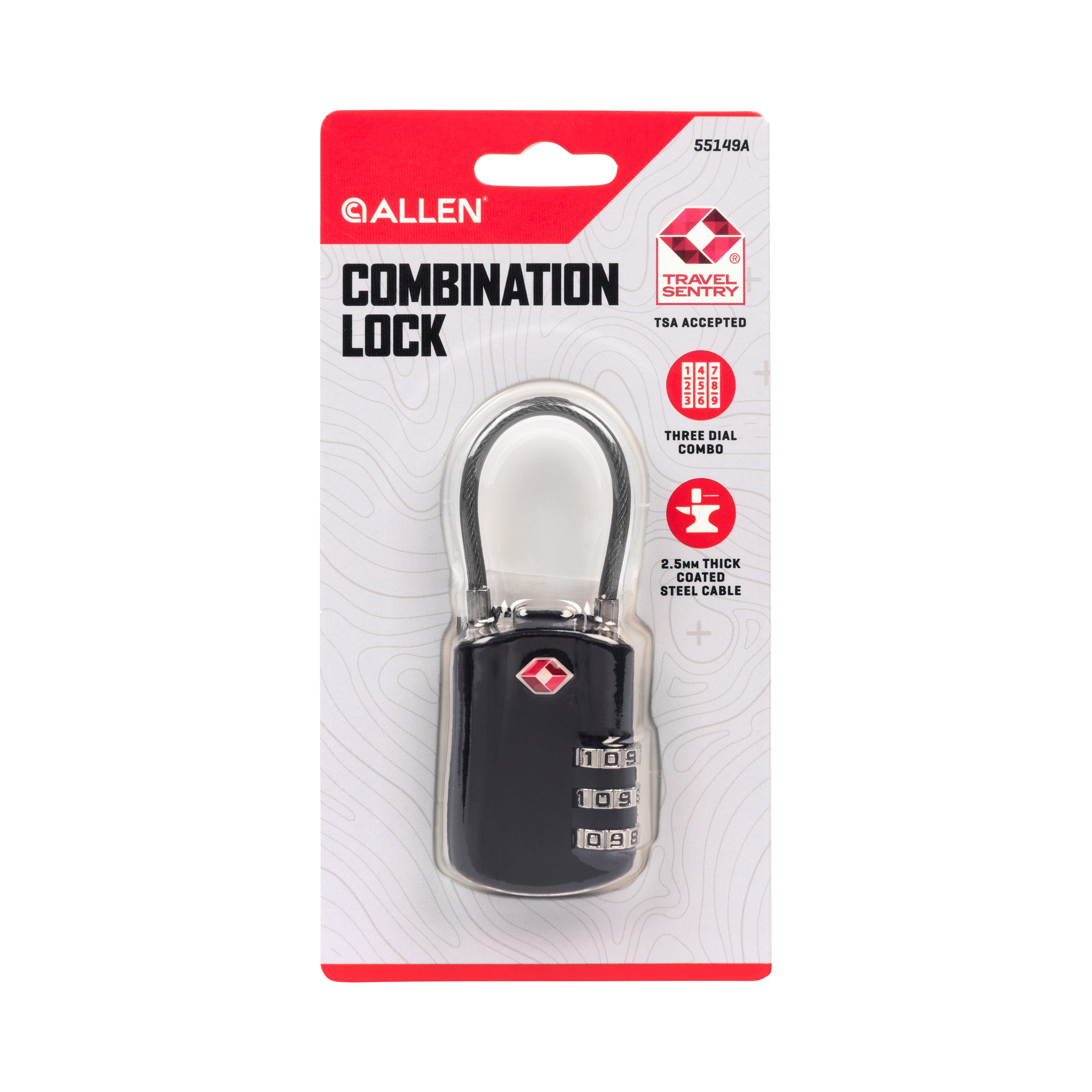 Allen Company TSA Lock with Combination, Black Steel Cable Lock, 1.25" Cable, 3 Wheel Combination