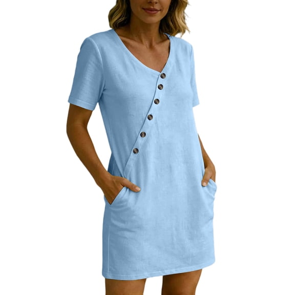 Vivianyo HD Women's V-Neck Diagonal Button Mini Tunic Dress, Womens Short Sleeve Solid Loose Casual Summer Dresses with Side Pocket for Vacation, Women's Blue, Sizes S-2XL