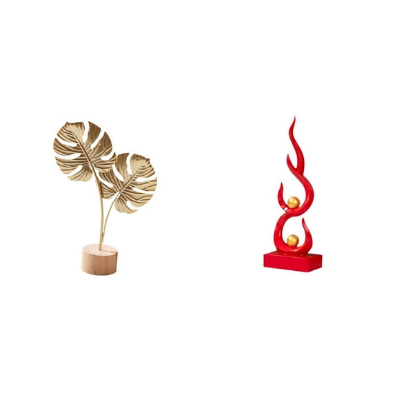 Dualoai Nordic Metal Leaf Sculpture and Abstract Resin Fire Statue Creative Figurine Ornament for Table Party Home Patio Office Bookshelf Gift Decor