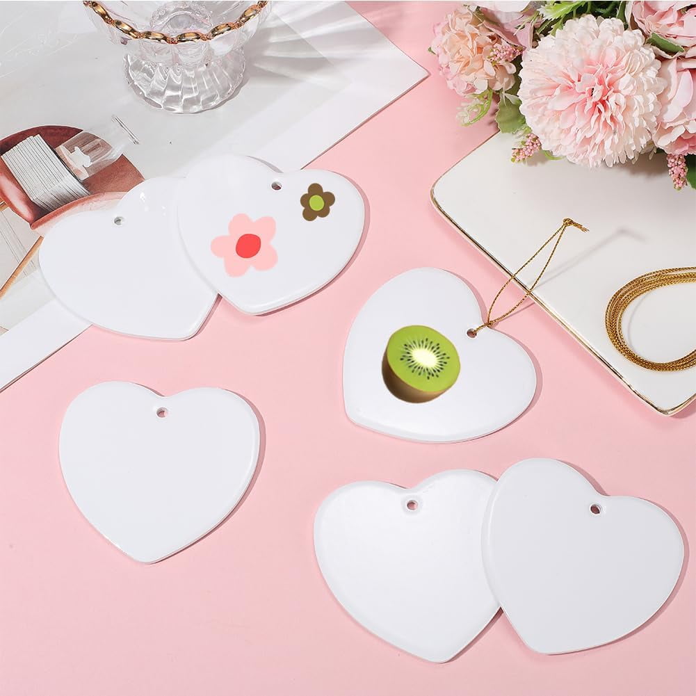 12Pcs Heart Sublimation Ornaments Ceramic Sublimation Blanks with Cords Porcelain White Heat Transfer Blank Personalized Hanging Pendants Tags for Christmas Tree Wedding DIY Craft Decoration White