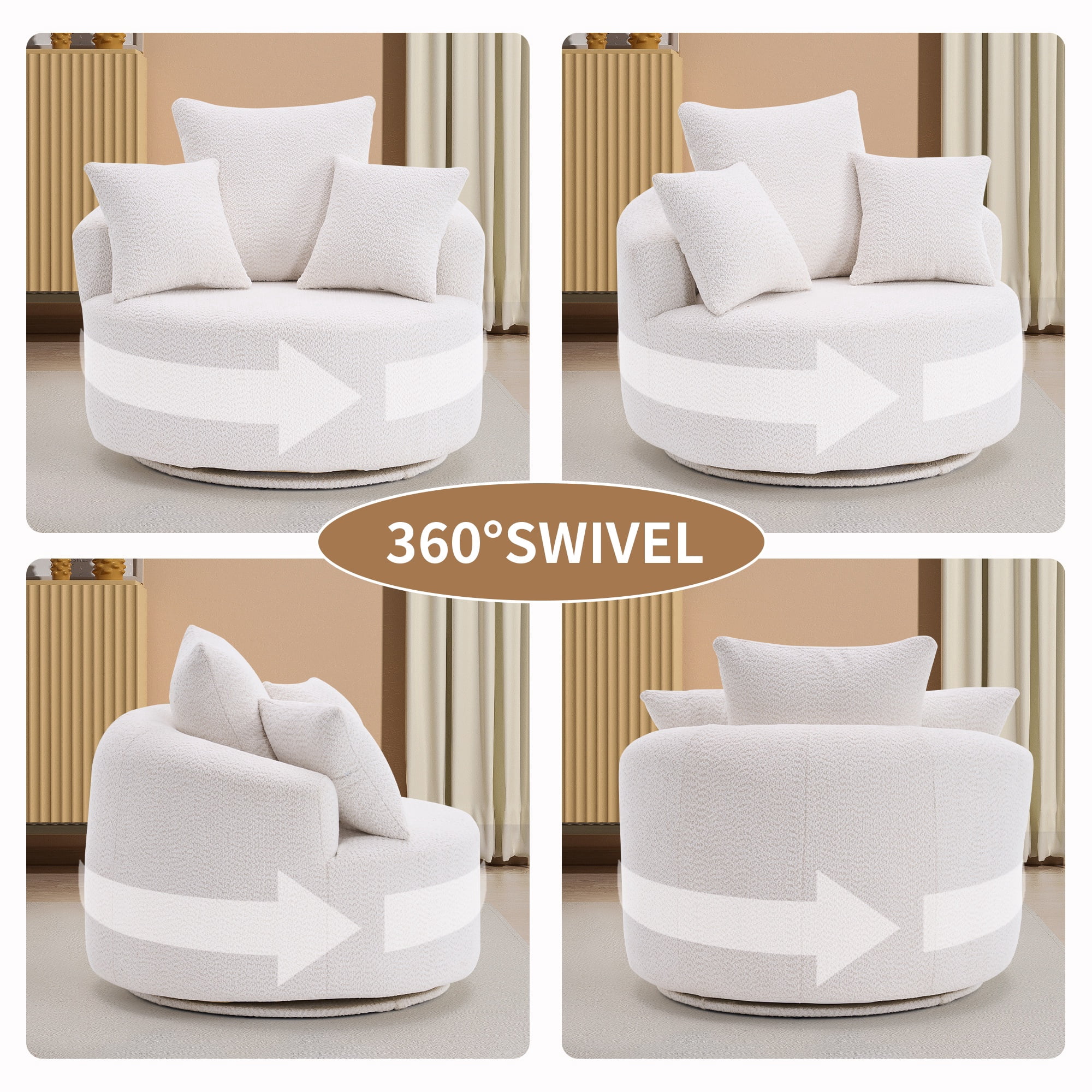PORKISS Oversized Swivel Accent Chair Barrel Chair, Crochet Yarn Upholstered Armchair with 3 Pillows, Round Armchair Leisure Sofa Chair for Living Room Office Lounge Hotel, White