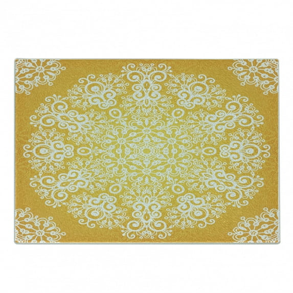 Yellow Cutting Board, Snowflake Like Floral Pattern Design with Tribal Inspired Art, Decorative Tempered Glass Cutting and Serving Board, Small Size, Yellow and White, by Ambesonne