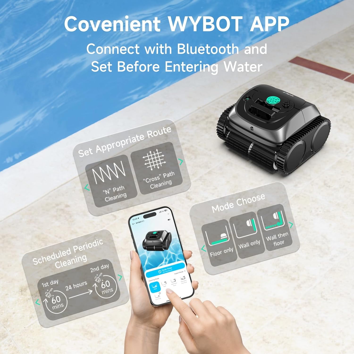 WYBOT C1 Robotic Pool Cleaner, 4-in-1 Cordless Pool Vacuum for Inground and Above Ground Pools up to 1,614 Sq.ft, 150-Min Runtime, Wall & Waterline Cleaning