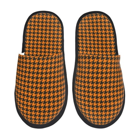 Balery Black And Orange Houndstooth Slient Indoor Furry Fleece Comfort House Shoes Soft Non-Slip Home Shoes Cotton slippers House Slippers-- Large