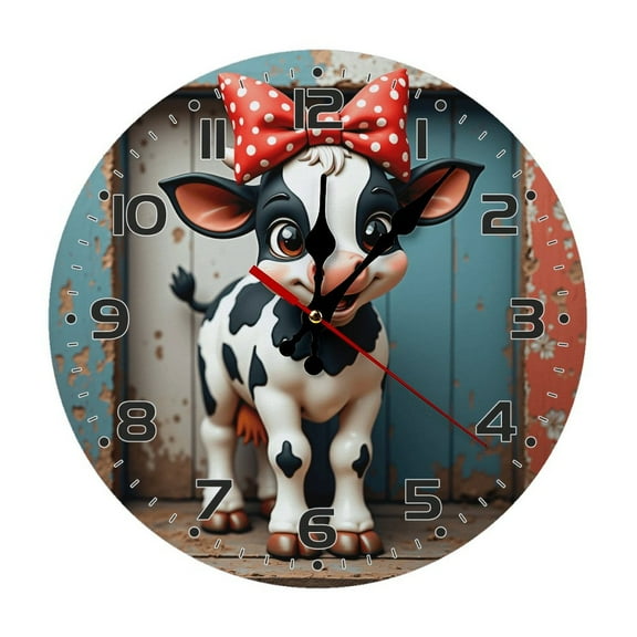 Cute Cow Wall Clock 10 Inch Silent Non Ticking Round Clock Decoration for Living Room Kitchen Bedroom Bathroom Office Classroom
