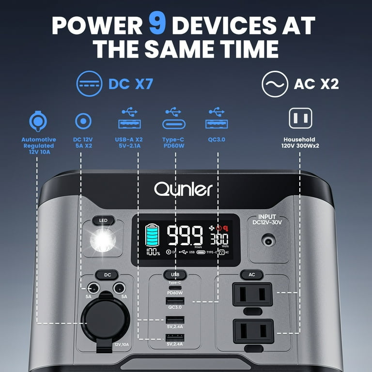 Qunler Portable Power Station 300W, 296Wh Solar Generator, 60W USB