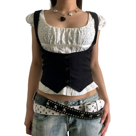 

Ma&Baby Women Waistcoat Vest Vintage V Neck Gothic Crop Top Corset Grunge Racerback Vest