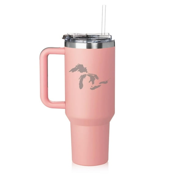 40 oz Tumbler with Handle and Straw Lid Stainless Steel Insulated Travel Mug Cup Great Lakes Michigan (Pink)