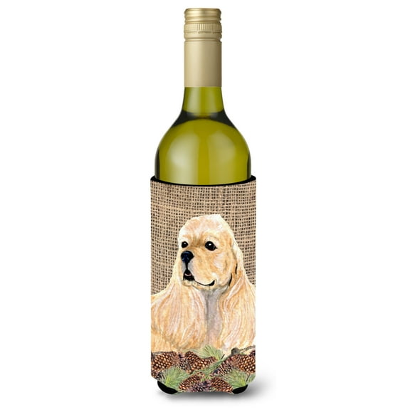 Cocker Spaniel  on Faux Burlap with Pine Cones Wine Bottle Hugger