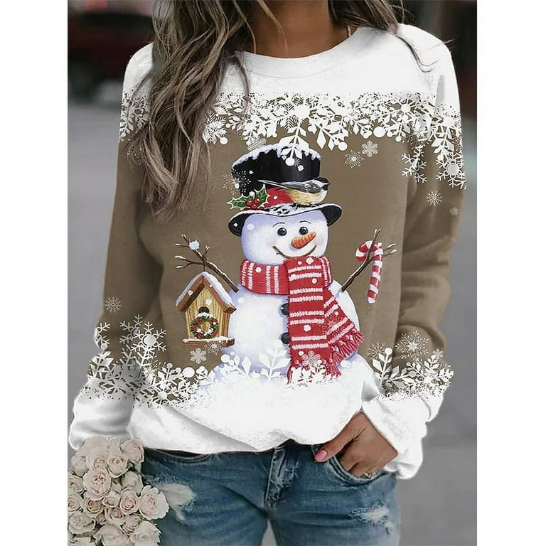 Women Christmas Snowman Print Blouse T Shirt Ladies Xmas Pullover Tops Plus  Size 