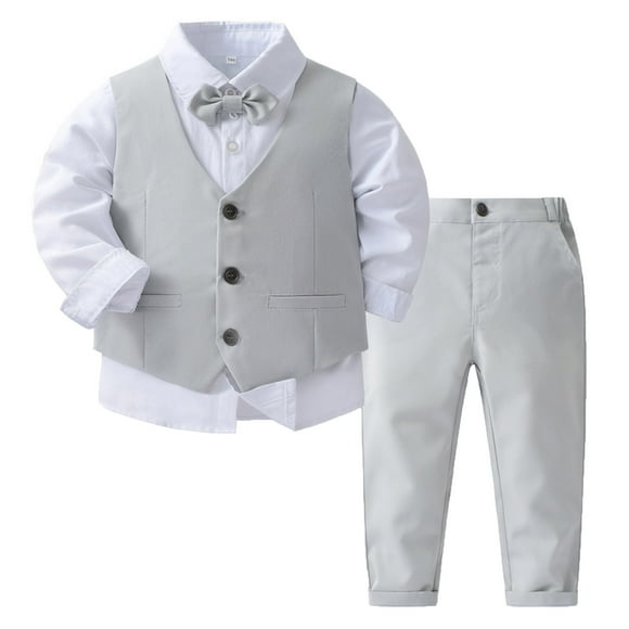 JanJean Toddler Baby Boys Piece Gentleman Outfit Formal Suit Long Sleeve Bow Tie Dress Shirt Vest Pant Set Grey 130