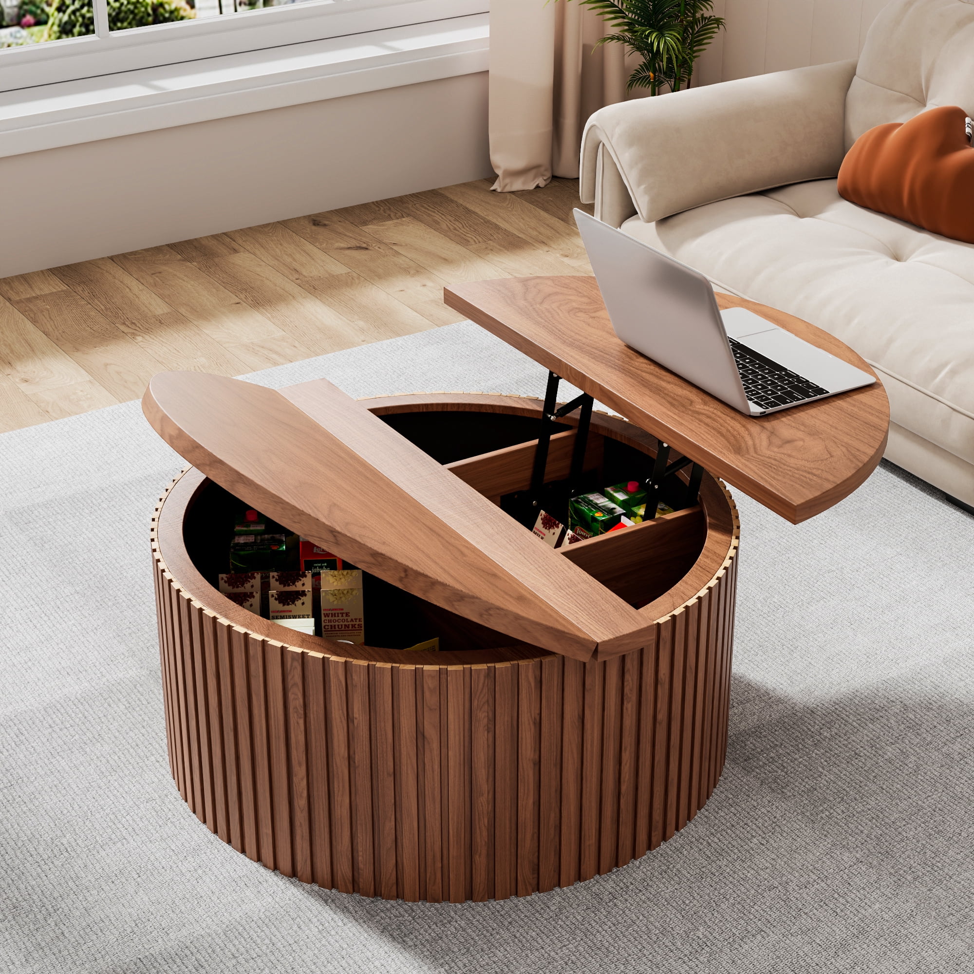 Round Lift Top Coffee Table with Storage Farmhouse Center Table with Hidden Compartment Circle Sofa Table for Living Room Walnut