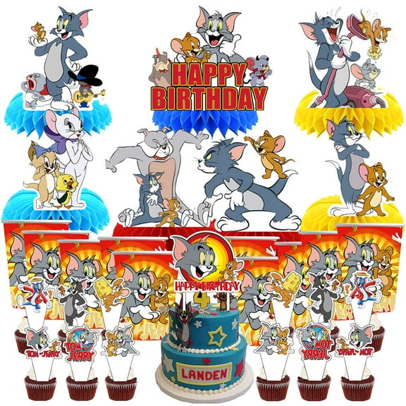 Tom and Jerry Party Supplies Decor Cups Fans Decorations Honeycomb Centerpieces Cake Toppers