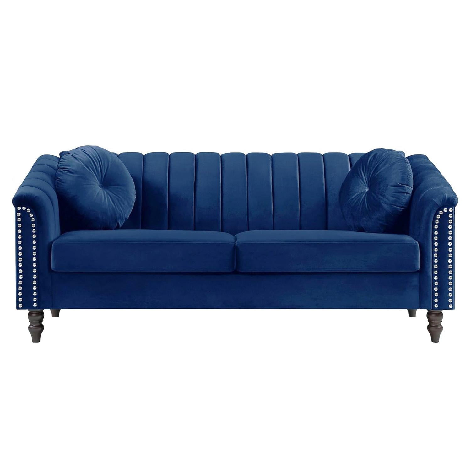 Gewnee Chesterfield Velvet Sofa Couch with Nailhead Trim and 2 Pillows for Living Room,Blue