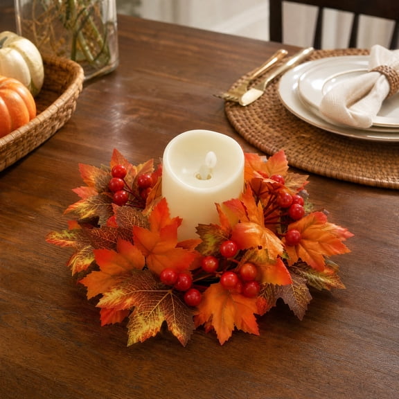 Yeciiwht Fall Candle Rings, Thanksgiving Candle Rings with Artificial Maple Leaf Red Berries, Fall Wreath for Pillar Candles Centerpiece Table Decor