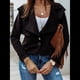 thumbnail image 4 of Chaqueta Corta de Larga con Solapa para Mujer, Otoño-Invierno, Color Liso, con Botones de Piel de Ciervo Negro XXL, 4 of 7