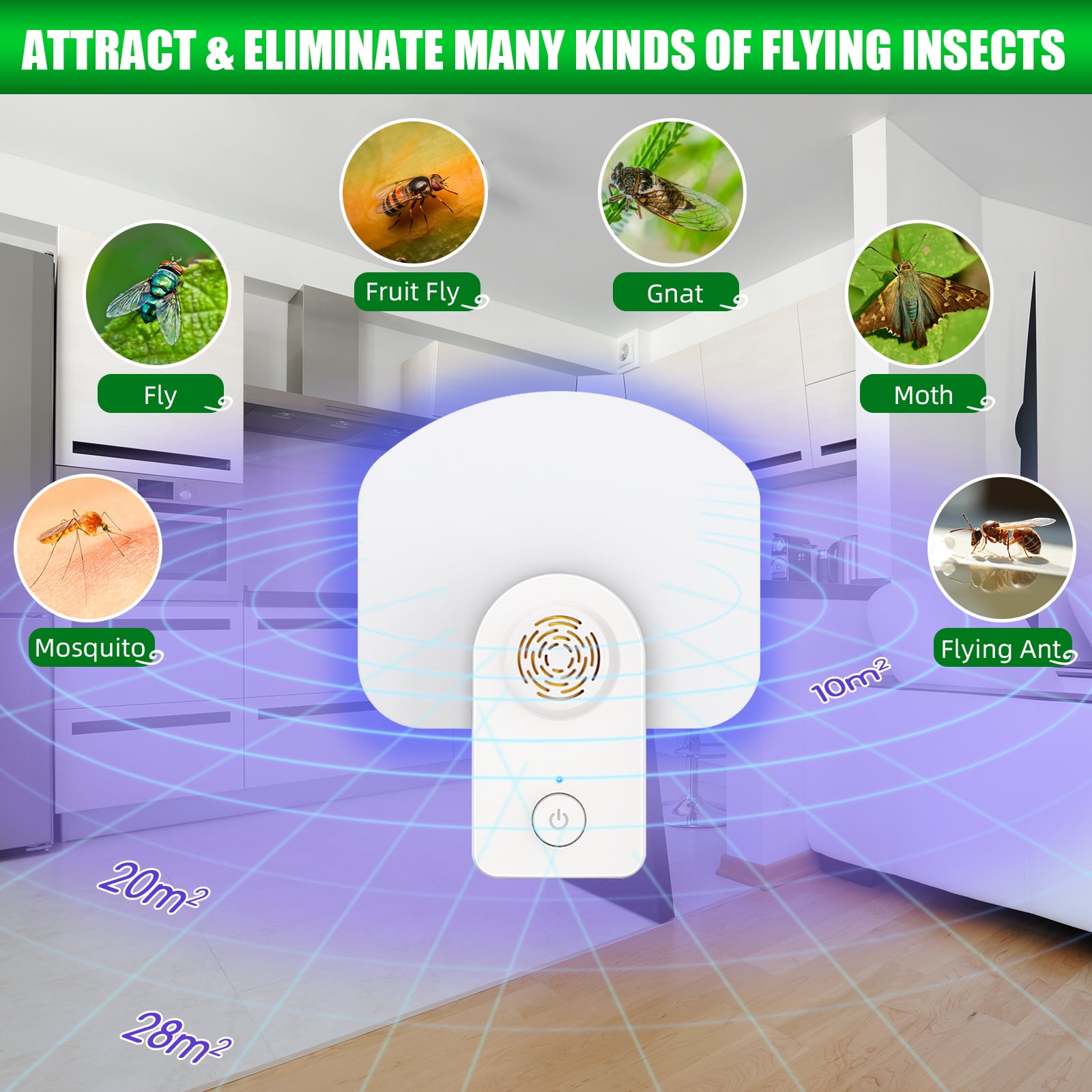 G · PEH 2-in-1 Plug-in Flying Insect Trap Mosquito Trap Gnat Killer Indoor Electric Insect Trap Ultrasonic Pest Repellent Home Office (2 PACK)