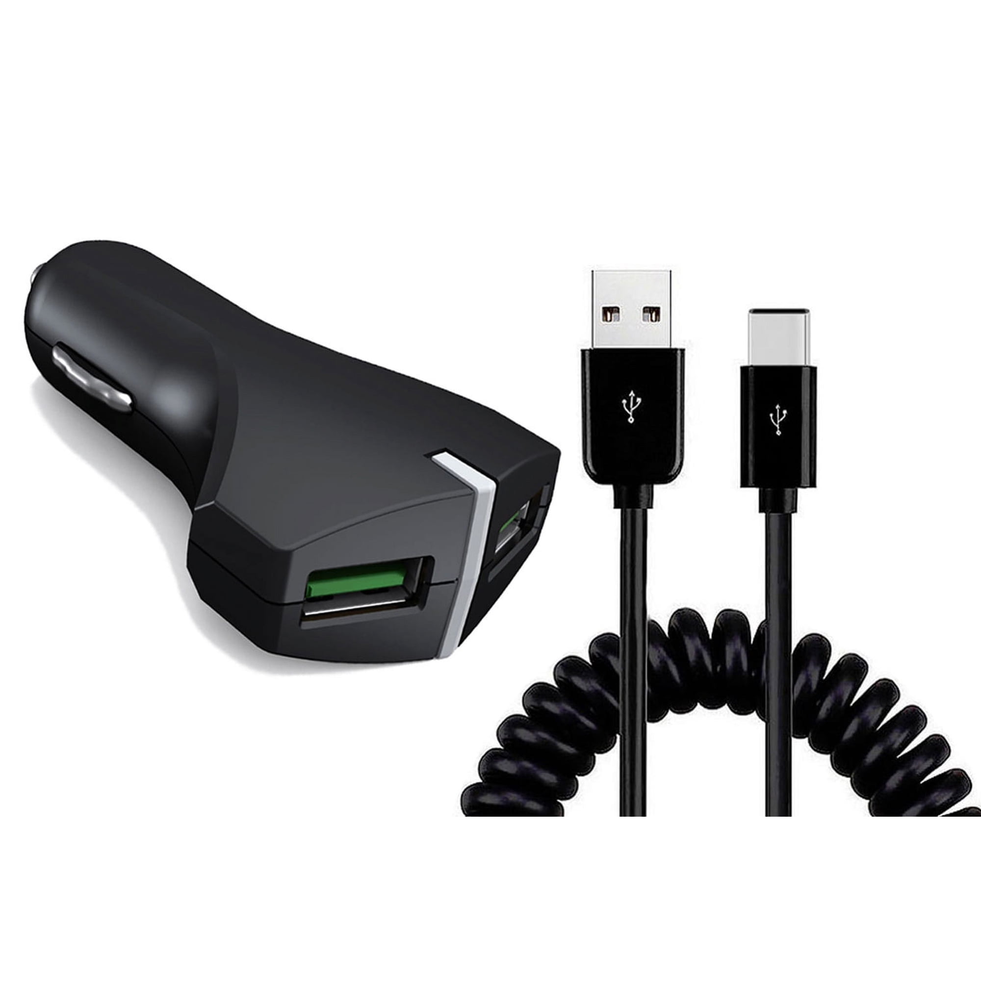36W Fast Car Charger for Samsung Galaxy S24 Ultra/Plus - 2-Port USB Coiled Cable Type-C Quick Charge DC Socket