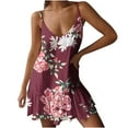 thumbnail image 2 of Usmixi Womens Dresses Beach Holiday Vintage Loose Ruffle Swing Adjustable Spaghetti Strap Mini Sundress Summer Floral Print V-Neck Sleeveless Formal Short Dress Wine m, 2 of 5