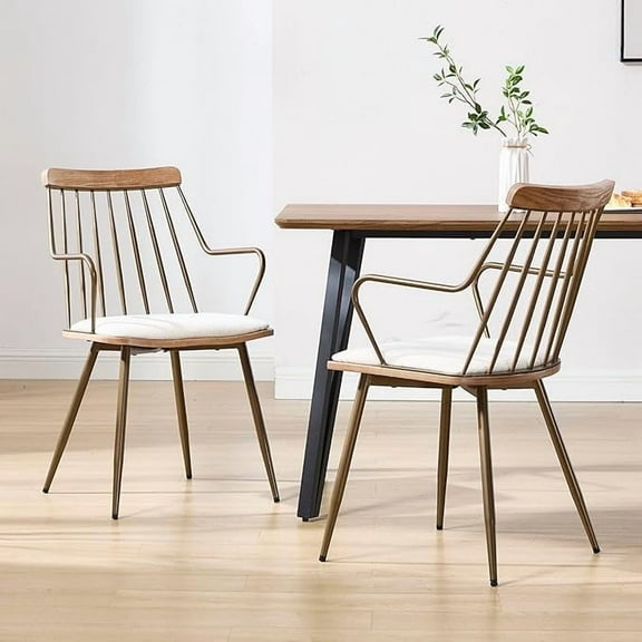 Guyou Metal Dining Chairs Set of 2, Mid-Century Modern Upholstered Linen Kitchen Chairs with Antique Copper Spindle Back and Armrests for Dining Room/Restaurant, Beige