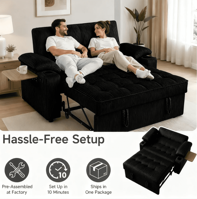 58" Sleeper Sofa Bed, Full Size Pull Out Couch, Convertible Loveseat Sofa with 5-Level Adjustable Backrest, USB Charging Ports, Cup Holders & Foldable Side Table, for Living Room, Apartment & Office