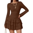 thumbnail image 5 of Stichou Women's Spring Long Sleeve Dresses 2026 Mock Neck Ruched Y2K Clothes Ruffle Layered Bodycon Mini Party Dress Coffee M, 5 of 6