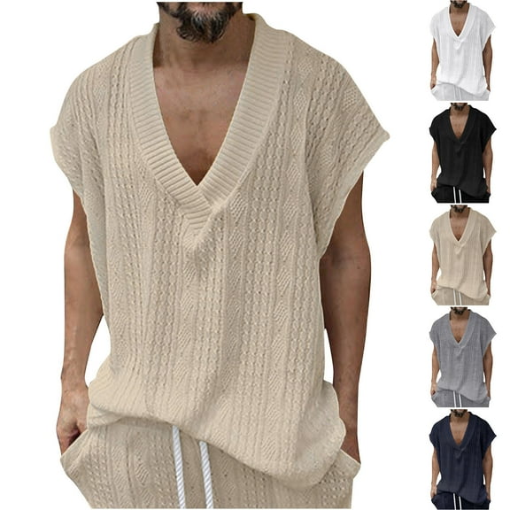 ZRGHAOYLQ Oversized Knit Sweater Vest Men Cable Knitted Pullover Loose V Neck Vests Casual Cap Sleeve Jumper Tops Comfy Soft Sweaters with Ribbed Edge