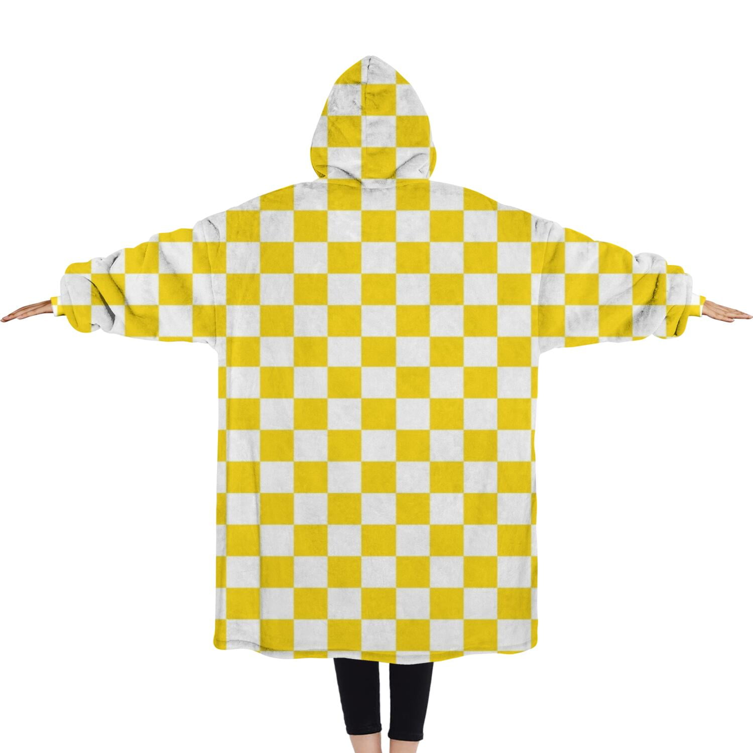 Oversized Wearable Blanket Hoodie,Yellow and White Checkered Pattern Sherpa Blanket Hoodie with Super Pockets,Super Warm Fuzzy Pullover for Women & Men
