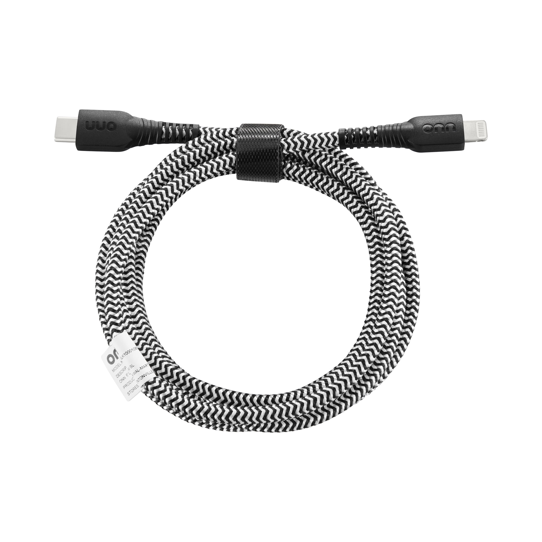 (2 pack) onn 6ft Lightning to USB-C Braided Charging Cable, Fast Charging, MFI Certified, Black - Compatible with iPhone 14/13/12/11/X/XR/XS/8/7/6/5, iPad, Airpods and more